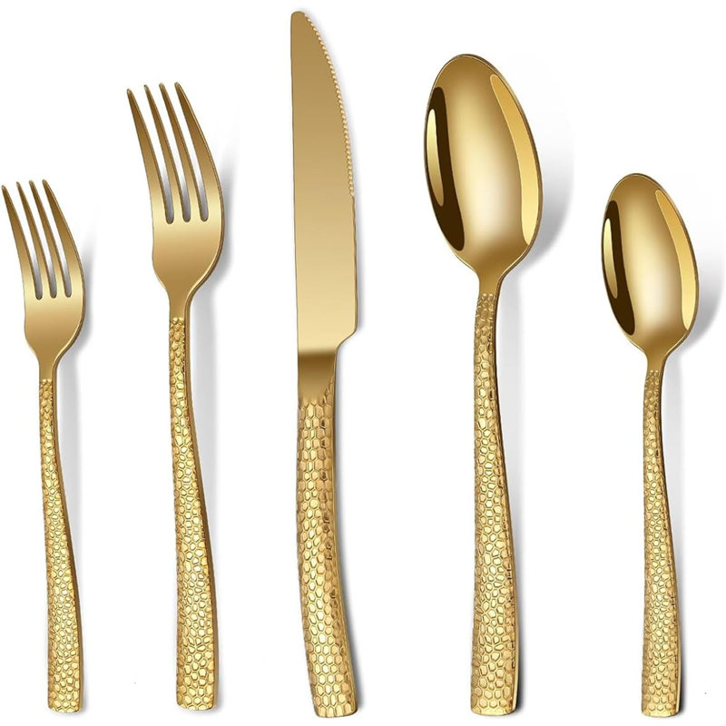 Ensemble de couverts de luxe en acier inoxydable martelé pour 2, ensemble de couverts 10 pièces poli miroir avec cuillères, fourchettes et couteaux, argent doré lavable au lave-vaisselle pour la salle à manger, la cuisine et les réceptions