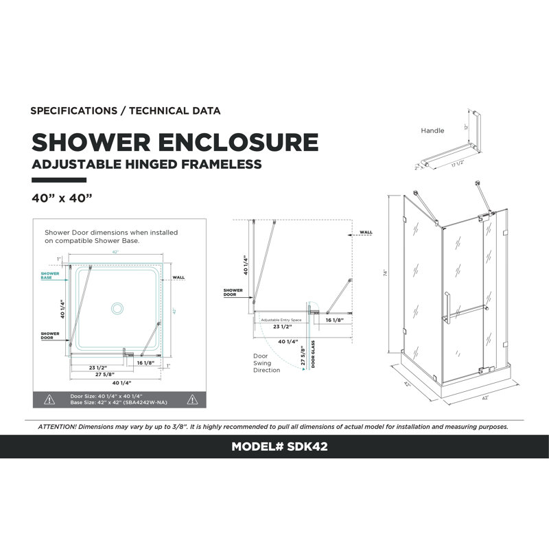 Shower Set - Double Threshold Acrylic Shower Base | Shower Enclosure, Matte Black