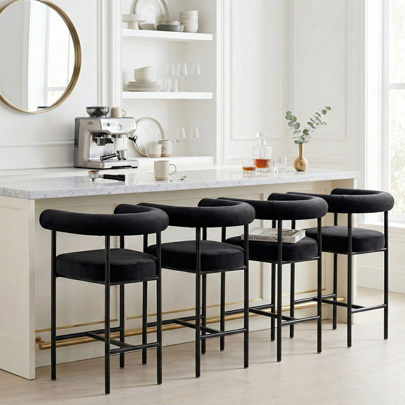 24" Modern Velvet Counter Height Bar Stools With Barrel Back, Black