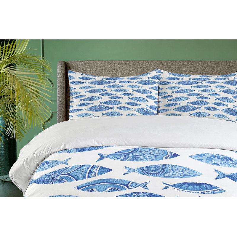King Size Blue Ocean Fish Pattern Microfiber Duvet Set