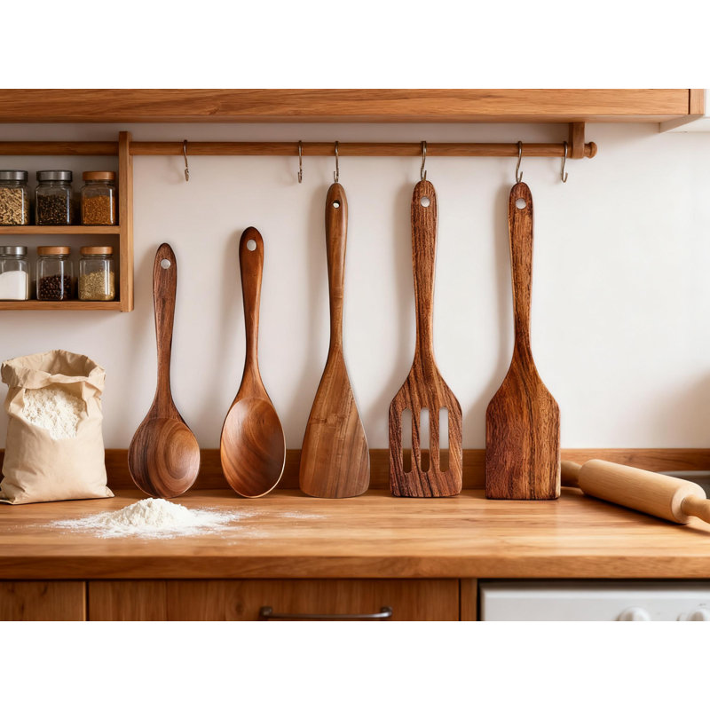 Ensemble d'ustensiles en bois d'acacia 5 pièces anti-rayures cuillères de cuisine et spatules pour cuisiner, mélanger, servir avec une batterie de cuisine antiadhésive