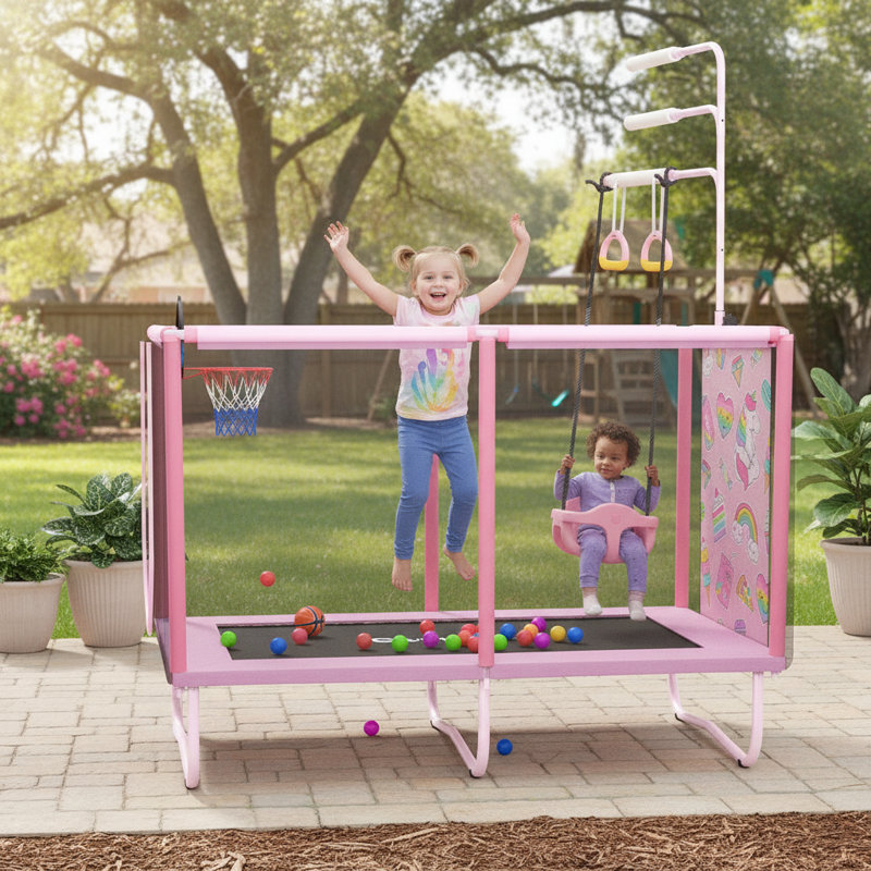 Trampoline d'intérieur pour enfants avec enceinte sécuritaire - structure en acier à 6 pieds