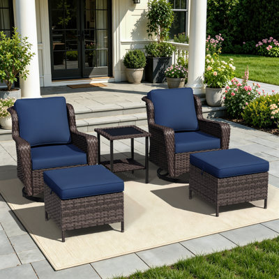 5-Piece Patio PE Wicker Outdoor Set with Side Table,Swivel Chairs,Ottomans & Blue Cushions