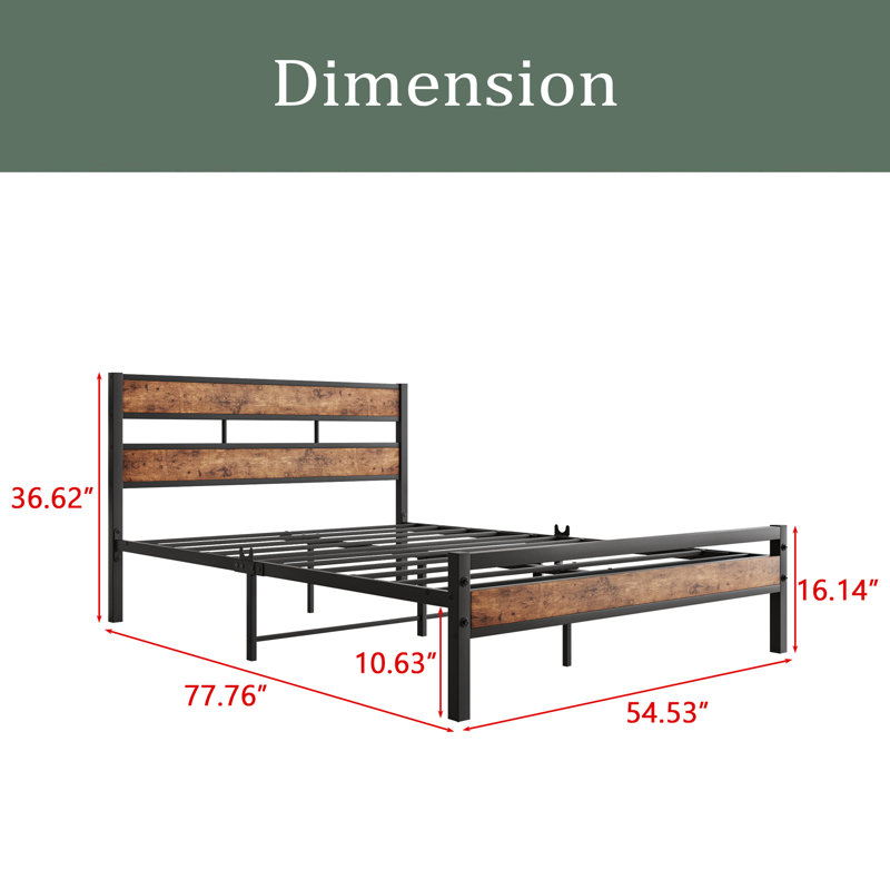 Base de lit plateforme simple avec tête de lit en bois rustique rétro, support de lattes en métal robuste, aucun sommier requis