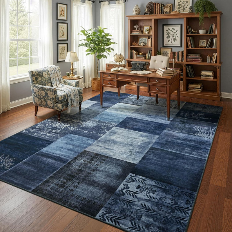 Tapis à motif géométrique rétro Vintage, Blue, Rectangle 8' x 10'