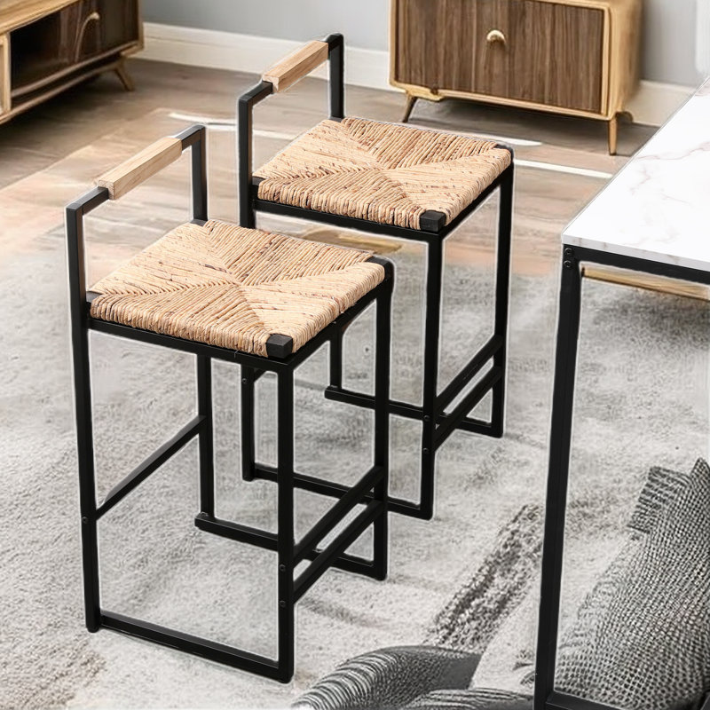 Prakhar Woven Water Hyacinth Counter Bar Stool with Low Back Set