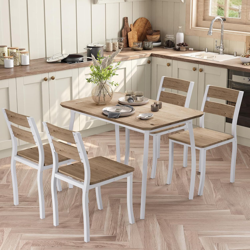 Ensemble de table de salle à manger pour 4 personnes, ensemble de 4 chaises de table de cuisine modernes avec bords chanfreinés et sièges en bois, coin repas pour petits espaces avec cadre en métal peu encombrant, blanc et grain de bois