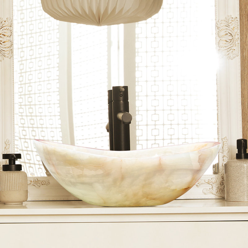 Handmade Marble Onyx Bathroom Sink, 19”, Oval Vessel Sink, Pearl Onyx