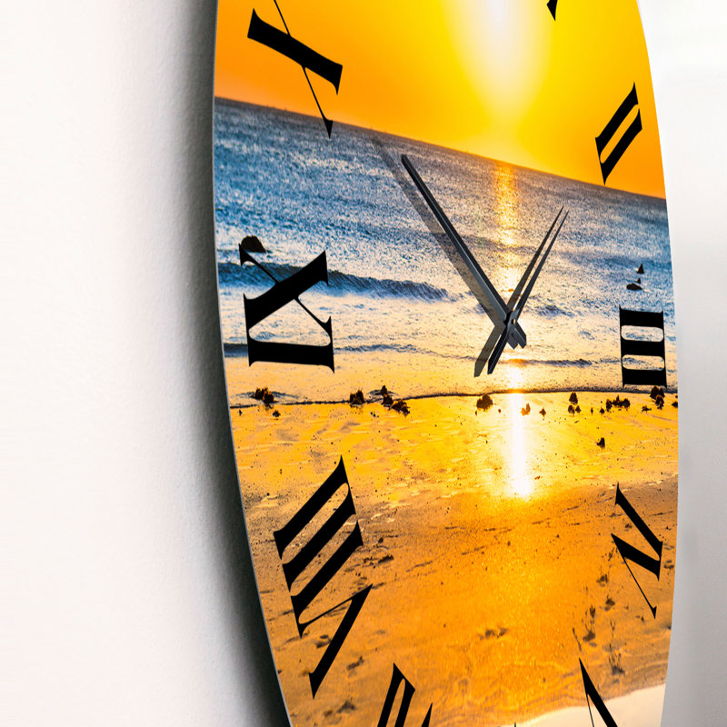 Sunset on Beautiful Sand Beach with Blue Sea Water - Nautical & Coastal Wall Clock, Medium