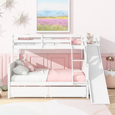 Lit superposé avec 2 tiroirs, glissière, tablettes, échelle, lit superposé en bois d'hévéa avec glissière, tiroirs