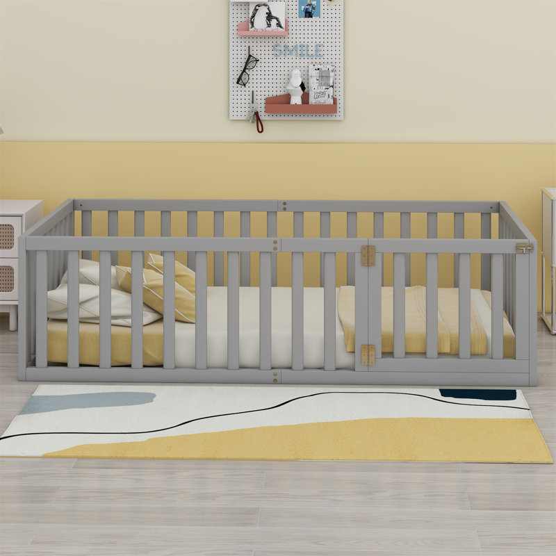 Wooden Floor Bed Frame With Fence and Door, Twin, Gray