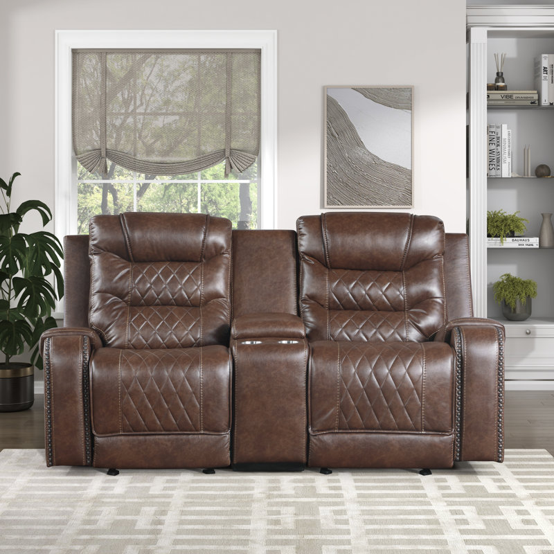 77.5" Modern & Contemporary Faux Leather Manual Double Reclining Loveseat with Integrated Console with USB & Outlets, Soothing Gentle Gliding Motion