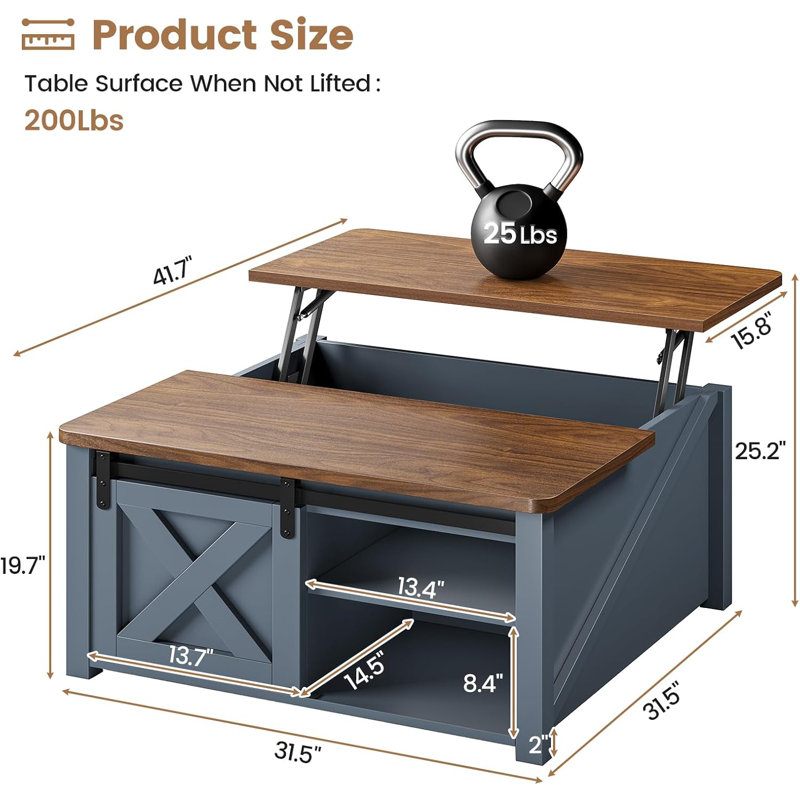 Table basse relevable avec rangement, table basse carrée de style campagnard pour le salon, grand compartiment de rangement caché avec tablettes réglables, conception robuste et durable