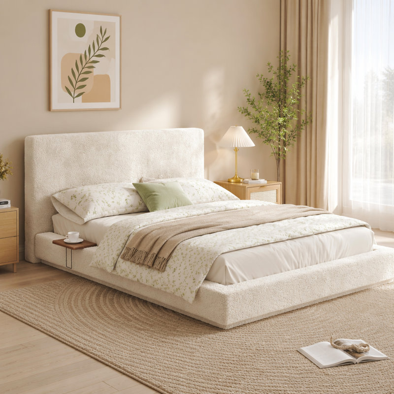 Bed Frame with Adjustable Sliding Side Table, Queen