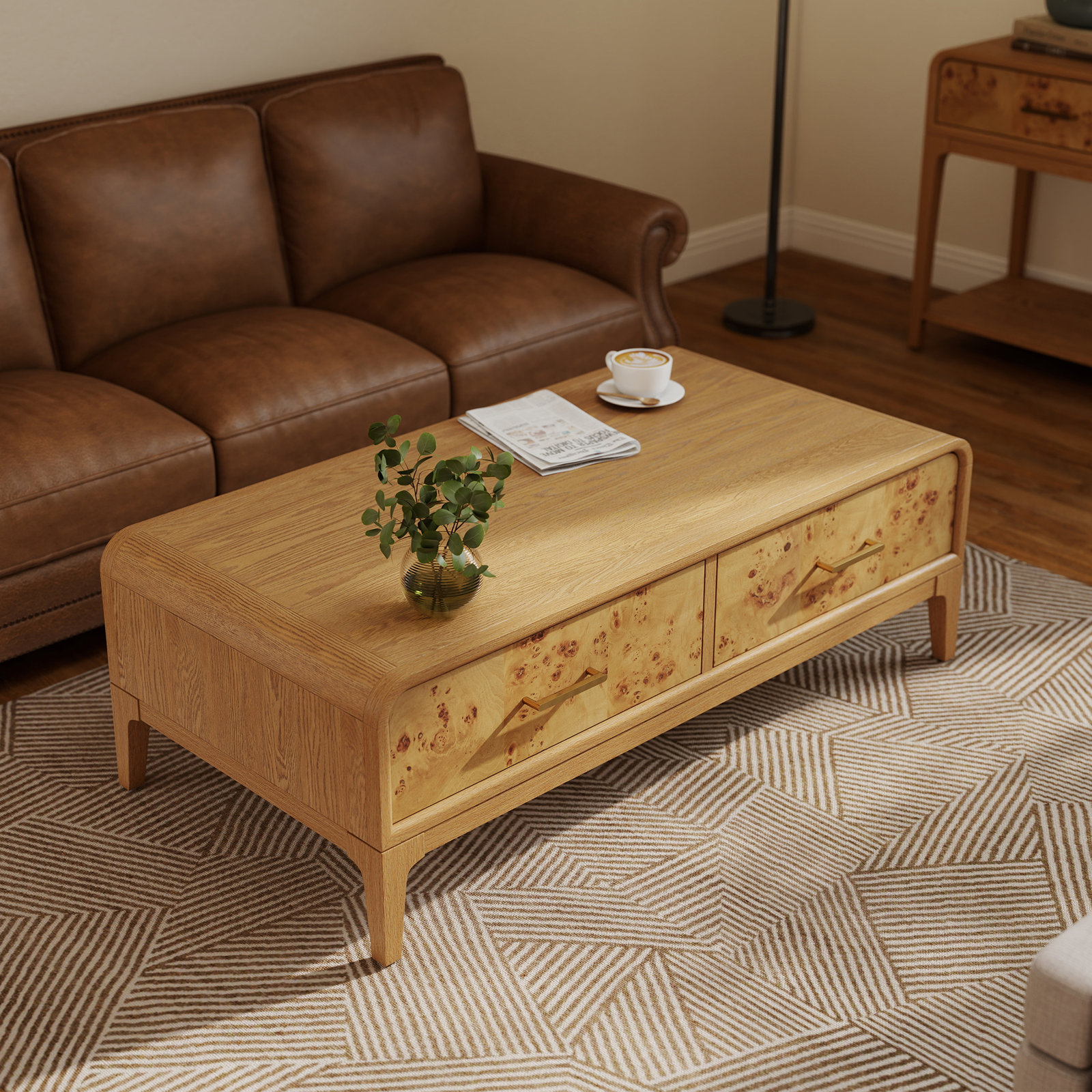 Sixto 52" Burl Wood Coffee Table with Storage, Oak