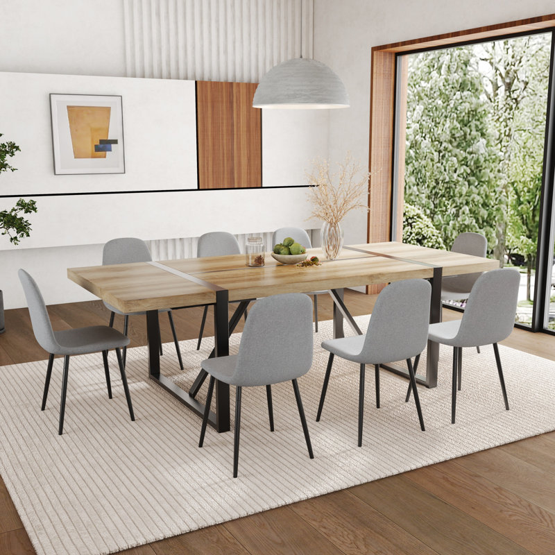 87 Inch Wood Dining Table Set With PU Leather Upholstered Dining Chair, 9 Pieces: Table, 8 Chairs, Gray