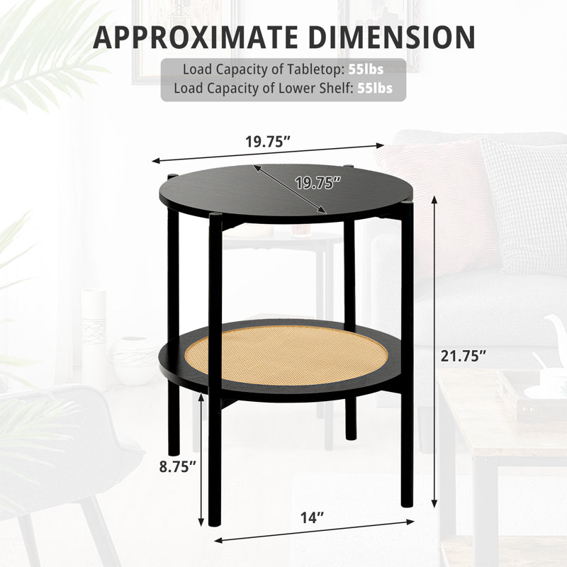 Wood Round Table With Open Shelf,Rattan End Table