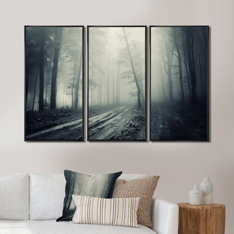 «Spooky Dark Forest With Fog», ensemble d'art mural sur toile encadré paysage, Cadre noir, H 28 po x l 36 po x P 1 po