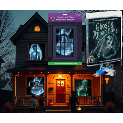 Décoration numérique d'Halloween AtmosFX Ghostly Apparitions sur USB + écran holographique blanc 48 po x 72 po
