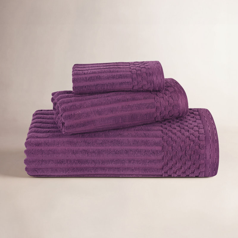 Soho Spa Highly Absorbent Cotton Checkered Border Towel Collection, Purple, 3 Piece Towel set (1-bath, 1-hand, 1-face)