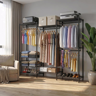 Portant à vêtements robuste, support à vêtements autoportant avec 4 tringles de suspension et 2 paniers en fil métallique, support à vêtements de grande taille avec tablettes réglables en fil métallique, l 68,5 po x P 17,1 po x H 76,4 po, noir