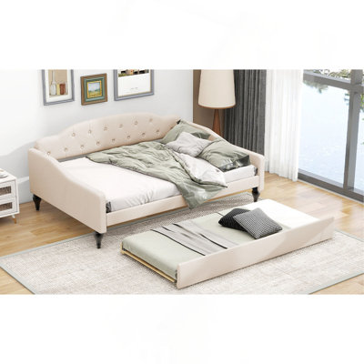 Lit de jour double capitonné capitonné avec lit gigogne simple, beige