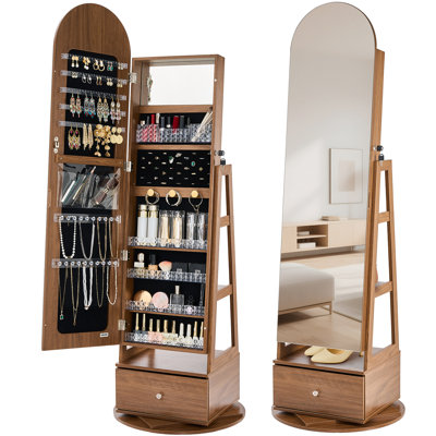 360° Swivel Jewelry Cabinet, 65.1-inch Tall, Full-Length Mirror with Storage, Standing Rotatable Jewelry Armoire Organizer, Lockable with 2 Keys, Accessory Pouches, Storage Shelves and Drawer