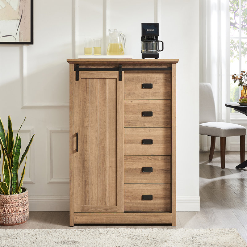 Farmhouse Accent Chest With Sliding Barn Door And 5 Drawers, White - Rustic Charm And Practical Storage, Oak
