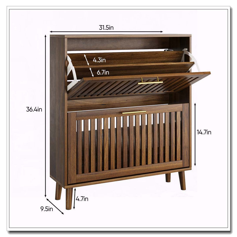 31.5-inch walnut shoe storage cabinet, 36.4" H x 36.4" W x 9.5" D