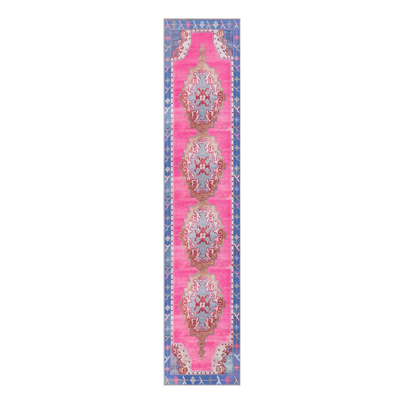Tapis traditionnel d'Oppie fuchsia / violet, Tapis de couloir 2 pi 6 po x 12 pi