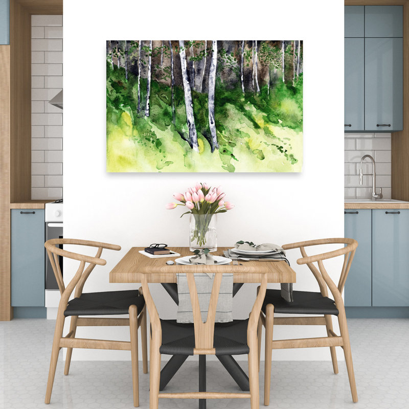 Paysage ensoleillé de forêt de bouleaux paisibles, art abstrait de paysage de forêt de bouleaux, 32" H x 48" W