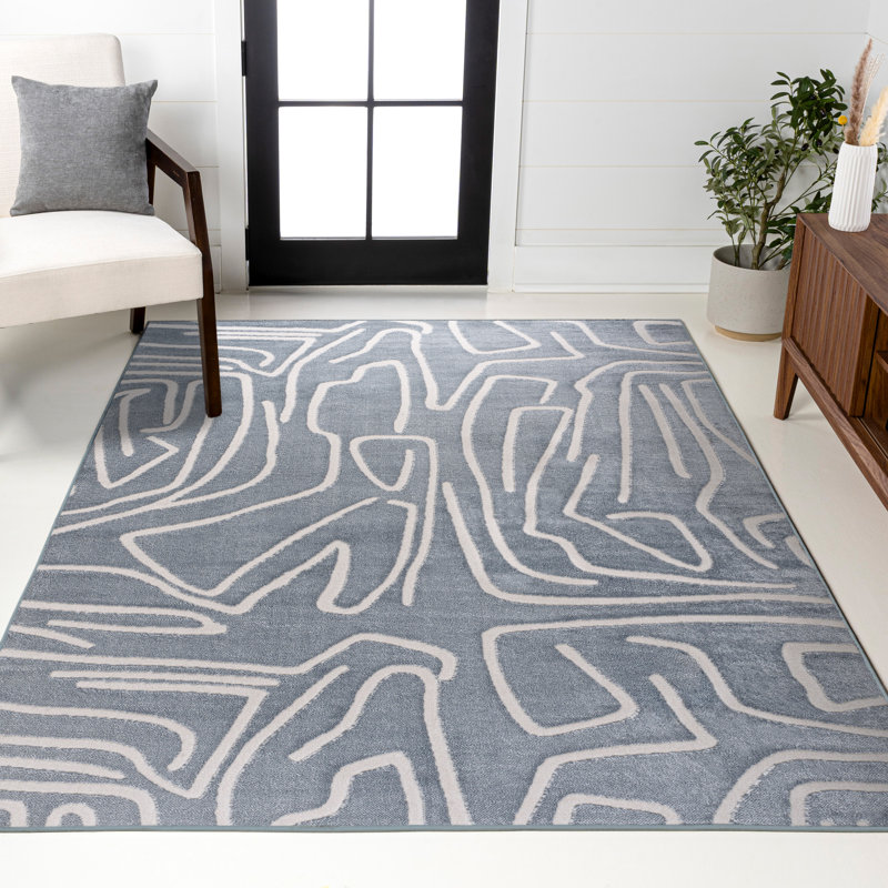 Sauvanne Modern Scandinavian Graphic Lines High-Low Blue/White Rug, Rectangle 3'11" x 6'