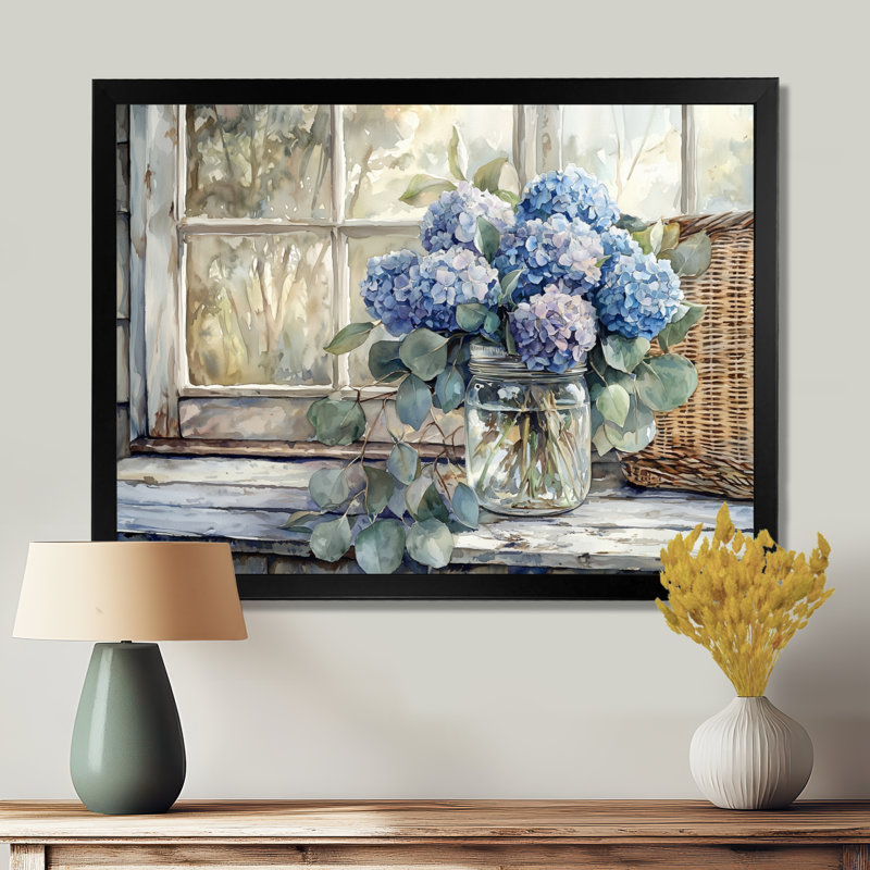 Décoration murale Dorys hortensias et eucalyptus I - Hydrangées, Reproduction encadrée d'une seule photo, Noir
