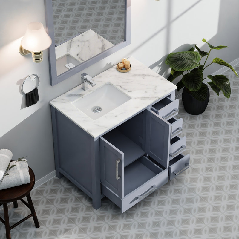 Gris foncé 36 po De salle de bain avec comptoir en marbre, robinet inclus, fermeture en douceur, une armoire, cinq tiroirs, tablette ouverte, robinet escamotable à un trou avec plateau décalé gauche et surface de teinture,