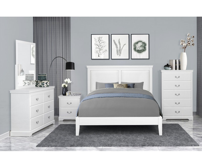 Structure de lit grand classique 1pc avec tête de lit tapissier, finition blanche, aucun sommier requis, soutien solide