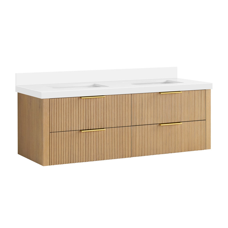 Barcelona 60" Floating Double Bath Vanity in Washed Ash Grey with White Quartz Stone Top, Washed Ash Gray/Brushed Gold, 60"