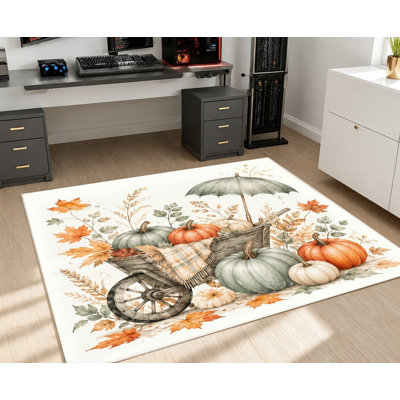 Tapis d'intérieur motif aquarelle « Chariot de récolte d'automne », imprimé feuilles de citrouille, toucher velours doux, antidérapant, décoration festive pour salon, chambre, entrée, cuisine, appartement
