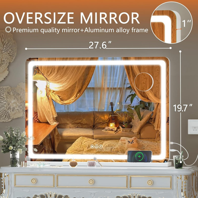 27.6" X 20" Round LED Lighted Makeup Vanity Mirror With 3 Dimmable Color Modes, Touch Screen Control, Wall Mounted Or Tabletop, White Finish