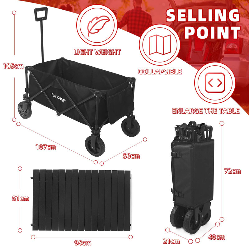 Folding with Wheels and Table on Top of Garden Carts, Black