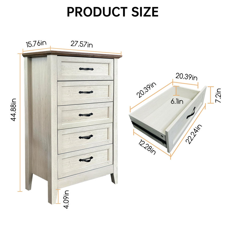5 Drawer Dresser for Bedroom, Tall Farmhouse Wood Chest of Drawers with Metal Handles Storage, White