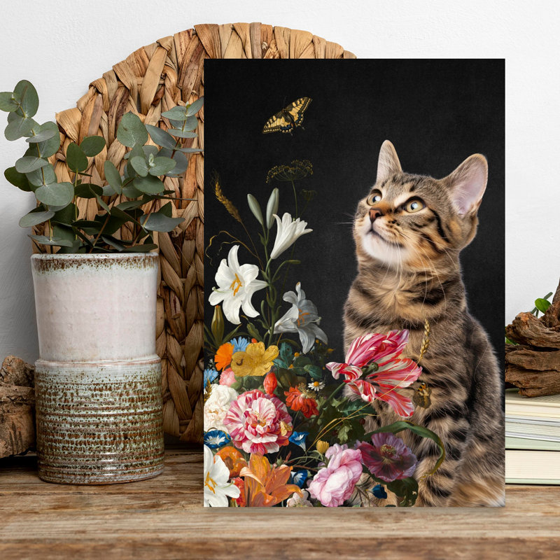 Art contemporain, chat, chats et papillons, H 18 po x l 12 po