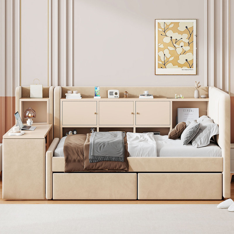 Lit de jour rembourré avec armoire rabattable et table d'appoint, Beige