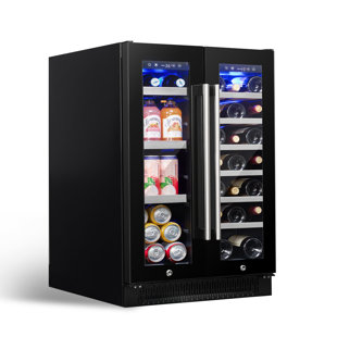 Réfrigérateur à vin et à boissons Luchar, réfrigérateur à boissons de 24 pouces avec porte vitrée, refroidisseur à vin à deux zones avec éclairage DEL 3 couleurs, peut contenir 20 bouteilles et 60 canettes, sous comptoir / encastré / autoporta