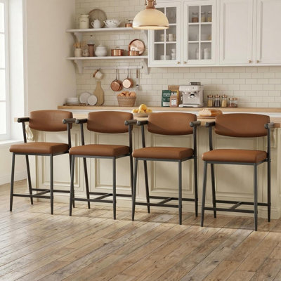 Counter Height Bar Stools Set of 4, Soft Leather Tall Barstools with Arms & Footrest, 400 lbs Capacity Metal High Chairs for Kitchen Island, Coffee Brown