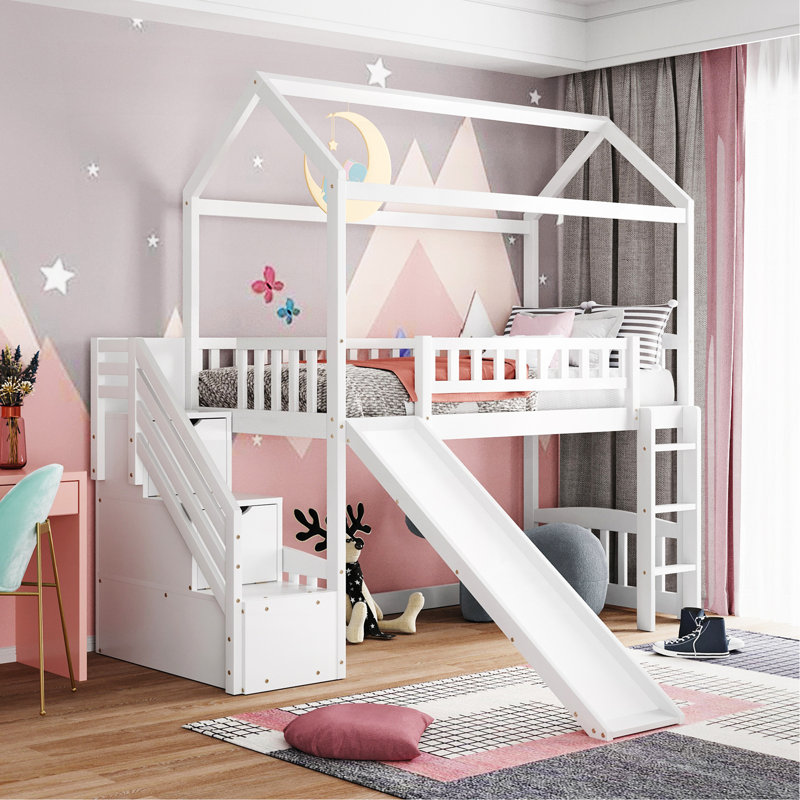 Lit mezzanine simple avec deux tiroirs et glissade, lit maison avec glissade, blanc