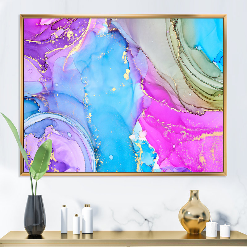 Turquoise et rose luxueux abstrait, peinture sur toile, H 30 po x l 40 po x P 1,5 po, Cadre flottant doré
