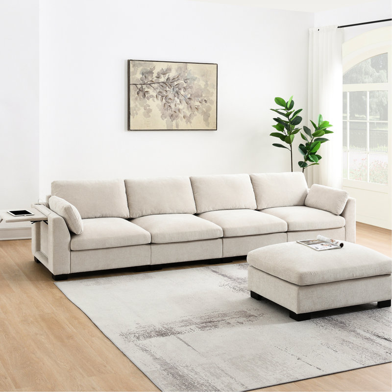 Canapé modulaire en forme de L 130 po avec double charge, table pliante, rangement latéral, mouvement, 2 coussins pour accoudoirs, mousse haute densité, 5 sièges, chenille pour sièges confortables agencés, équipé