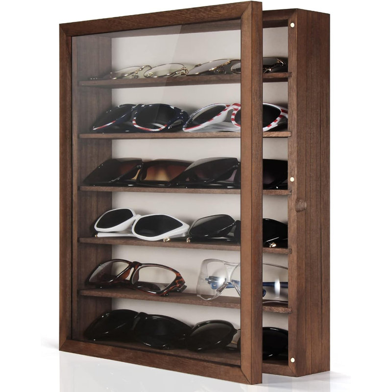 Rustic Brown Wood Wall Mounted Sunglasses Organizer with Glass Front