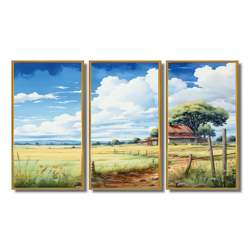Herbe verte à côté de la maison de campagne - ensemble de décorations murales paysage, Cadre flottant doré
