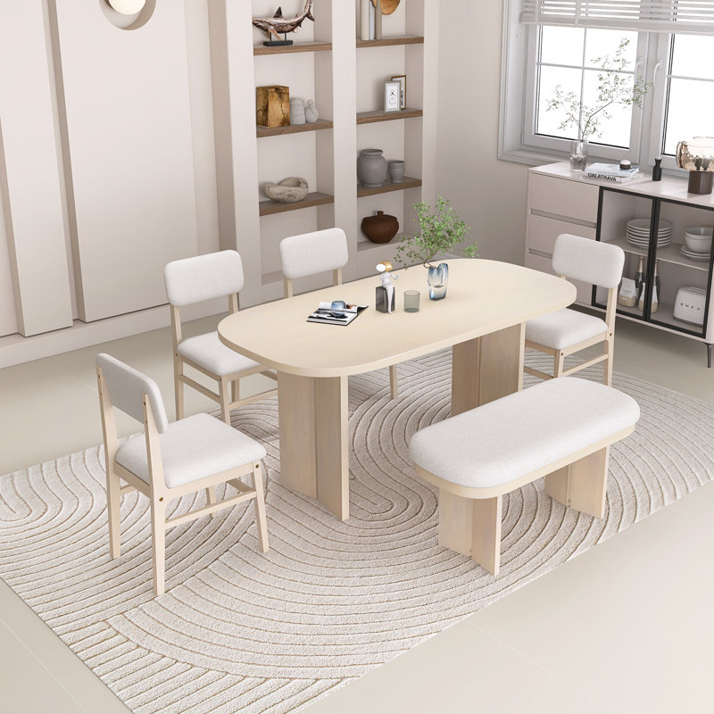 Ensemble de table de salle à manger 6 pièces en bois massif avec 4 chaises rembourrées et 1 banc, tissu respirant, facile à assembler